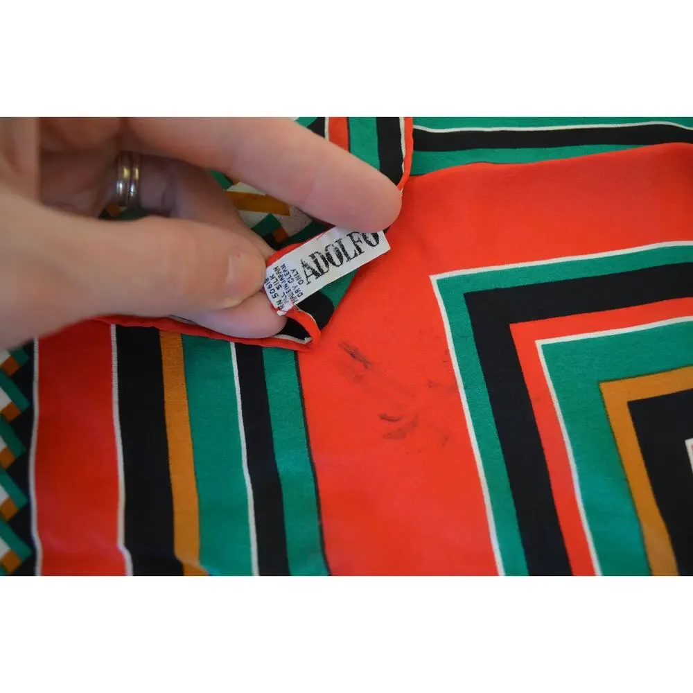 Vintage Silk Scarf Red Green Geometric Print - Picture 4 of 4